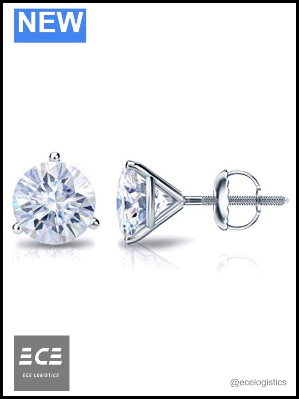 18K White Gold Moissanite Round Stud Earrings 3-Prong Martini Screw Back